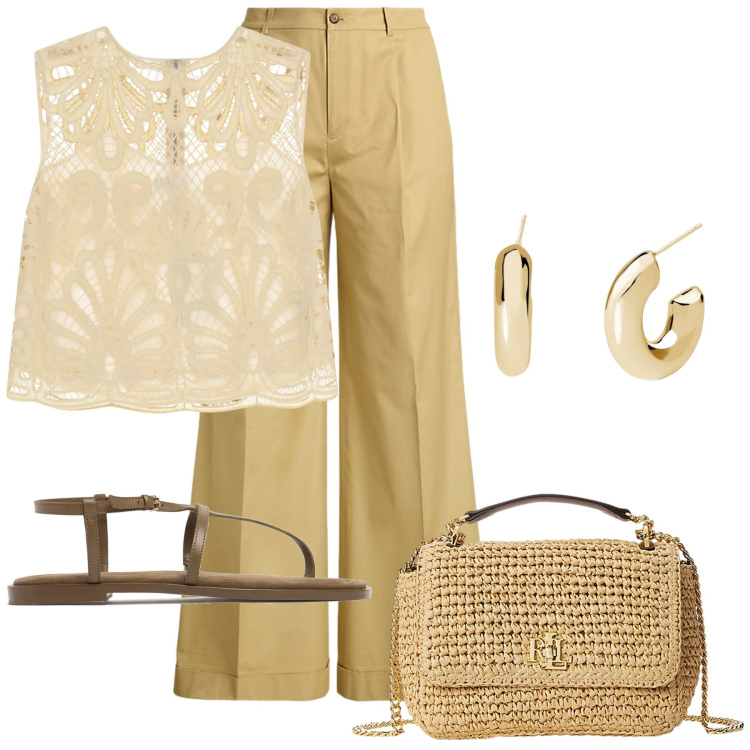 Outfit donna - Sere d\'estate. Stile Glamour per Serata fuori. Abbinamento con orecchini, top, pantaloni, borse a spalla, sandali in pelle.