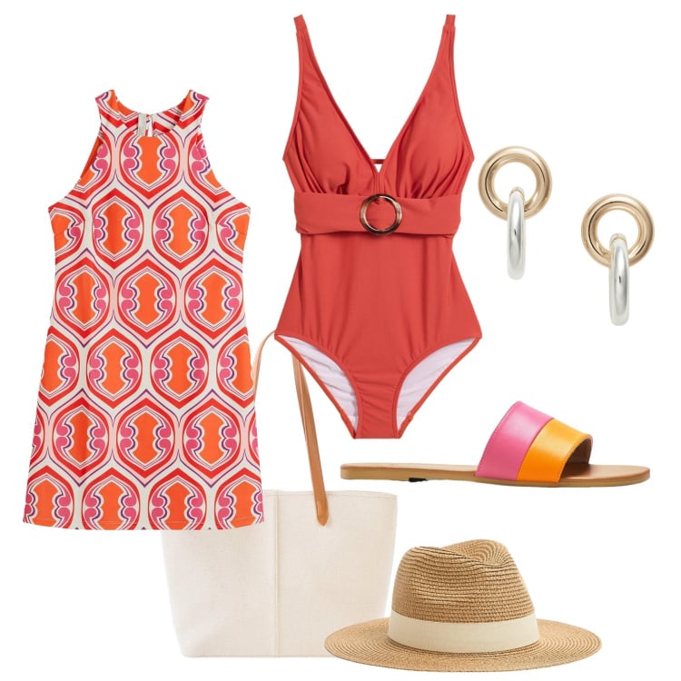Outfit donna - Indimenticabili anni ‘60. Stile Vintage retrò per Mare. Abbinamento con vestiti, costumi interi, ciabatte, shopping bag, cappelli, orecchini.
