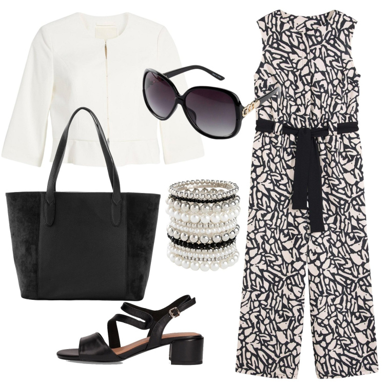 Outfit donna - Appuntamento di lavoro. Stile Chic per Ufficio. Abbinamento con tute, occhiali da sole, blazer, braccialetti, shopping bag, sandali col tacco.