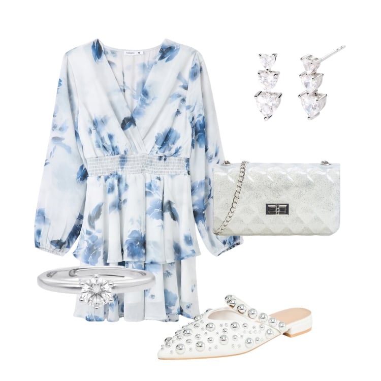Outfit donna - Cerimonia estiva. Stile Romantica per Cerimonia. Abbinamento con ballerine, borse a tracolla, vestiti, anelli, orecchini.