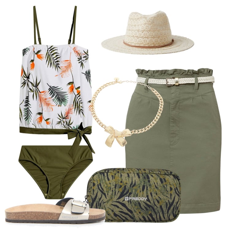 Outfit donna - Tankini e foliage. Stile Basic per Mare. Abbinamento con costumi interi, minigonne, cappelli, valigie, collane, ciabatte.