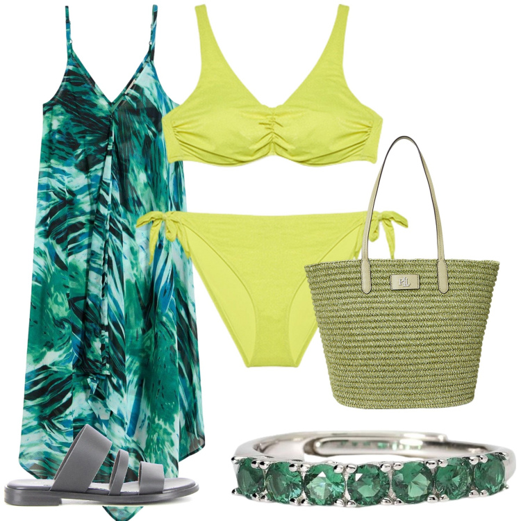 Outfit donna - Green. Stile Casual chic per Mare. Abbinamento con vestiti da spiaggia, anelli, borse tote, bikini, ciabatte.