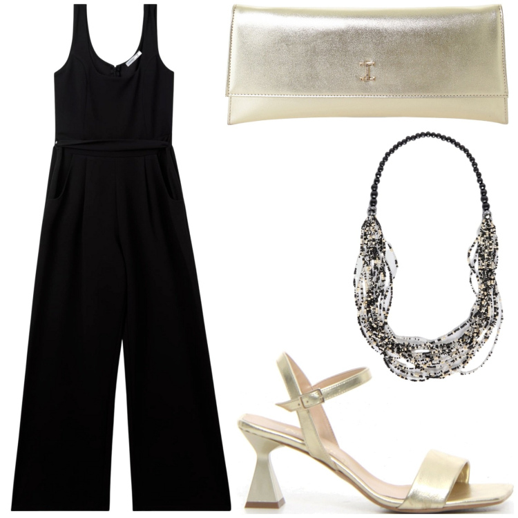 Outfit donna - Semplicità raffinata. Stile Chic per Serata fuori. Abbinamento con tute, pochette, collane, sandali col tacco.