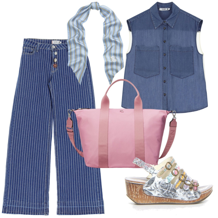 Outfit donna - Denim fresco. Stile Casual per Tutti i giorni. Abbinamento con jeans, camicie, borse tote, foulard, sandali col tacco.