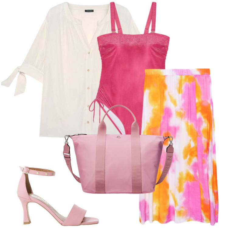 Outfit donna - In costume con carattere. Stile Casual chic per Mare. Abbinamento con sandali col tacco, borse tote, gonne lunghe, costumi interi, camicie.