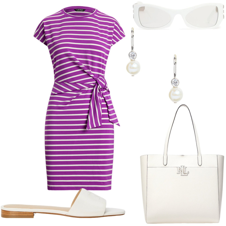 Outfit donna - Pomeriggio in giro. Stile Casual chic per Tutti i giorni. Abbinamento con borse tote, vestiti, orecchini, ciabatte, occhiali da sole.