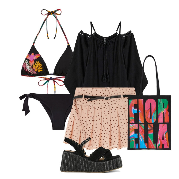 Outfit donna - In costume, con carattere. Stile Trendy per Mare. Abbinamento con bluse, bikini, minigonne, bikini, zeppe, borse tote.
