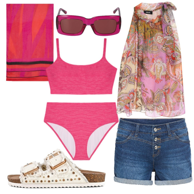 Outfit donna - Il bikini fucsia. Stile Casual chic per Mare. Abbinamento con shorts, top, bikini, sandali, vestiti da spiaggia, occhiali da sole.