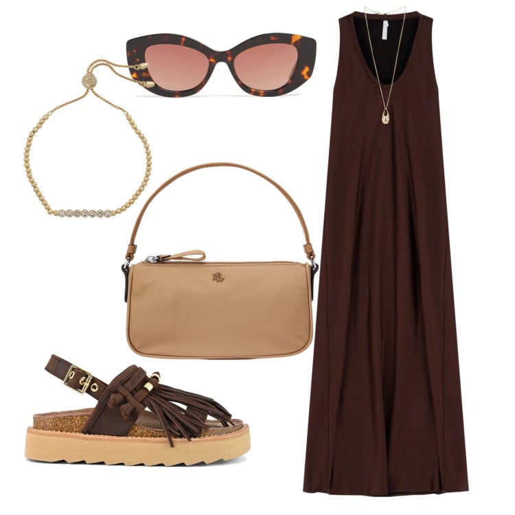 Outfit donna - Abito lungo morbido. Stile Boho per Tutti i giorni. Abbinamento con vestiti lunghi, pochette, braccialetti, sandali, occhiali da sole.