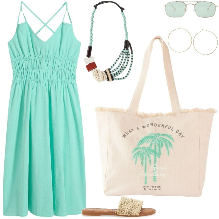 Outfit donna - Passeggiata al mare. Stile Casual per Tutti i giorni. Abbinamento con vestiti, shopping bag, occhiali da sole, orecchini, ciabatte, collane.