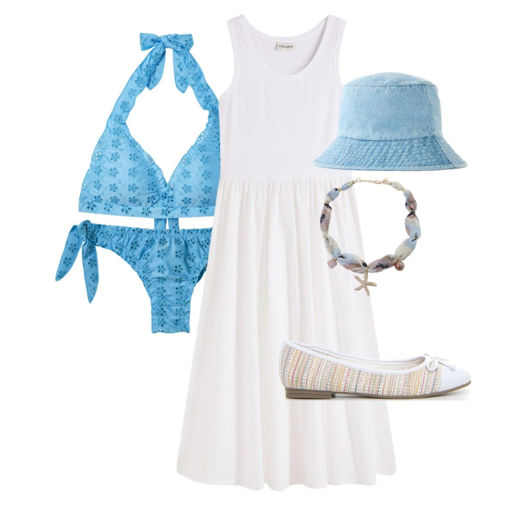 Outfit donna - ColMARE. Stile Romantica per Mare. Abbinamento con vestiti, cappelli, bikini, bikini, collane, ballerine.