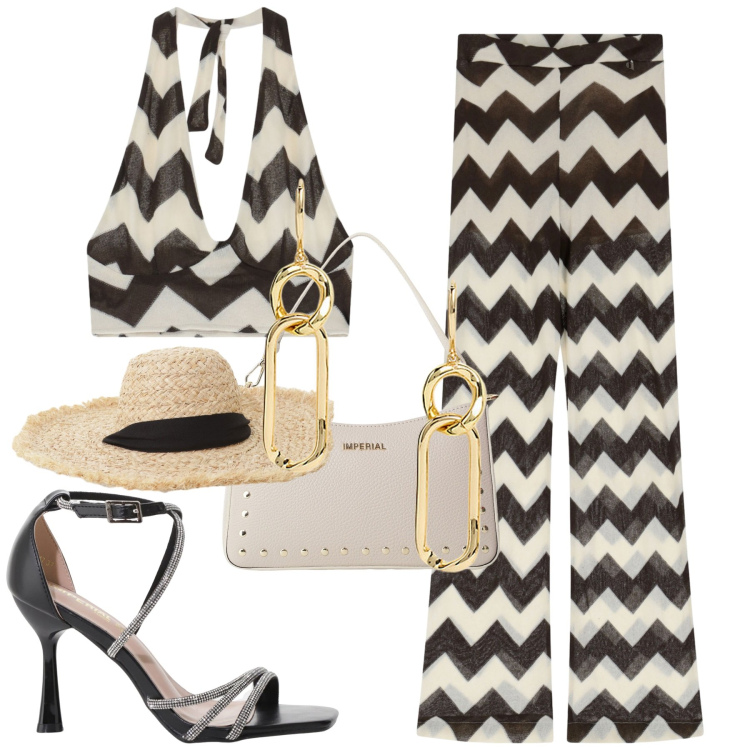 Outfit donna - Ensemble. Stile Glamour per Mare. Abbinamento con sandali col tacco, borse a spalla, cappelli, pantaloni, top, orecchini.