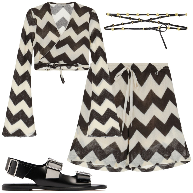 Outfit donna - Geometrie. Stile Glamour per Tutti i giorni. Abbinamento con shorts, top, cinture, sandali in pelle.