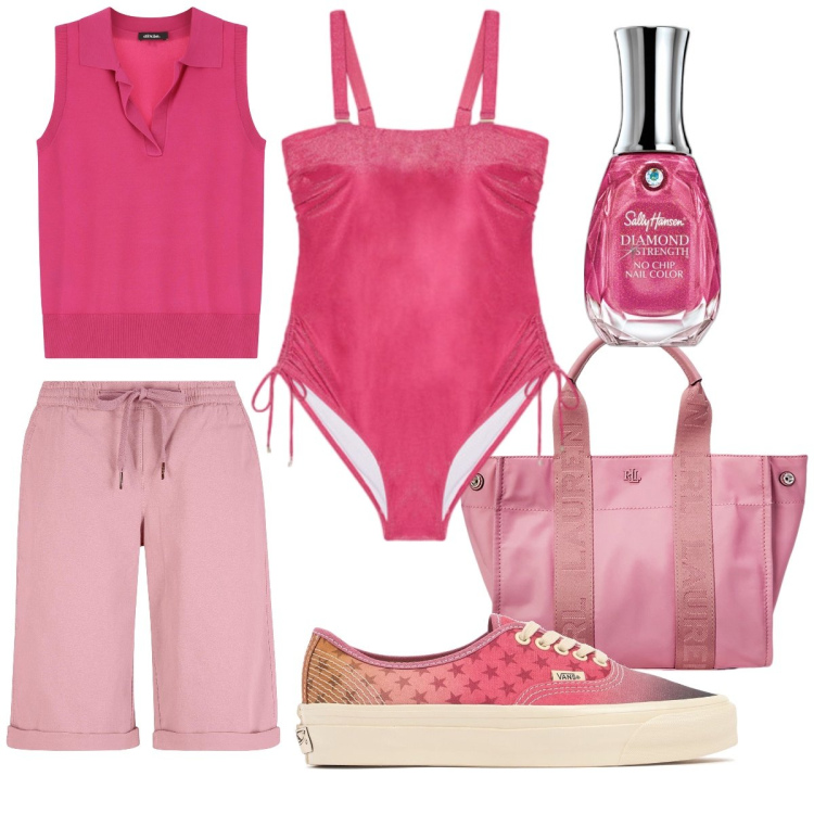 Outfit donna - Fucsia per stupire. Stile Casual chic per Mare. Abbinamento con bermuda, smalti, maglieria, borse tote, costumi interi, sneakers.