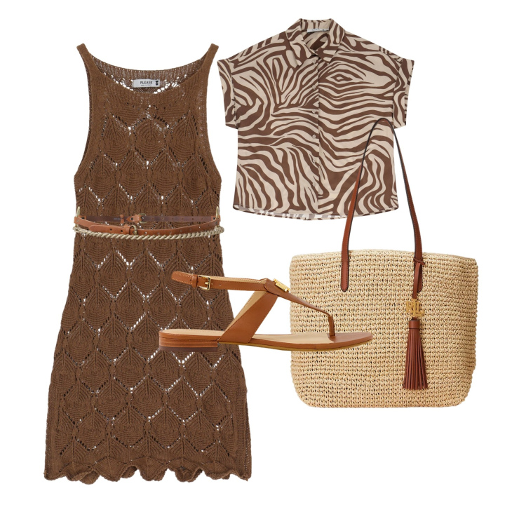 Outfit donna - Brown Crochet. Stile Casual per Tutti i giorni. Abbinamento con vestiti corti, camicie a manica corta, cinture, borse tote, sandali.