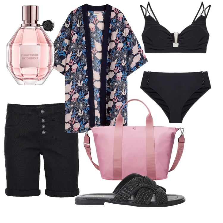 Outfit donna - Il bikini nero. Stile Bon Ton per Mare. Abbinamento con bermuda, vestiti da spiaggia, profumi, sandali, borse tote, bikini.