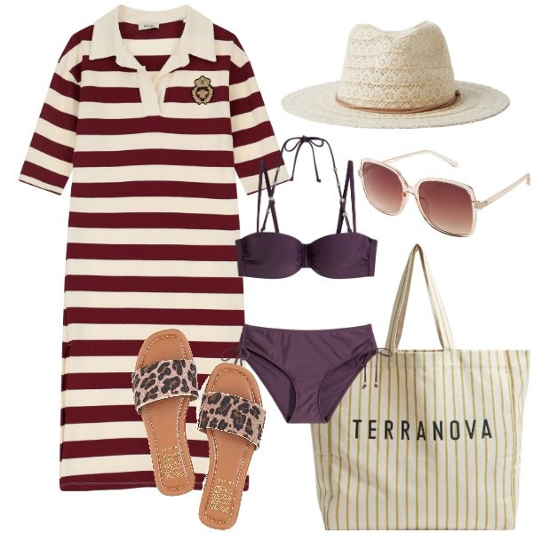 Outfit donna - Tra le righe. Stile Basic per Mare. Abbinamento con occhiali da sole, bikini, cappelli, borse tote, vestiti, ciabatte.