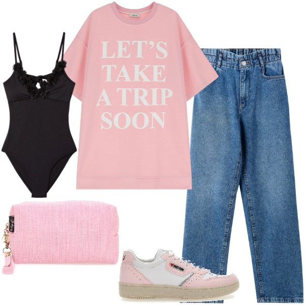 Outfit donna - Viaggiare leggeri. Stile Basic per Tutti i giorni. Abbinamento con costumi interi, jeans, vestiti corti, sneakers, valigie.
