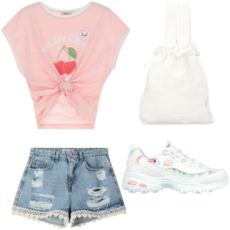 Outfit donna - Total look #2200065. Stile Boho per Mare. Abbinamento con shorts, t-shirt, sneakers, borse a mano.
