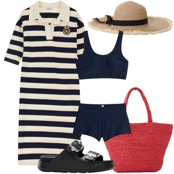 Outfit donna - Nel Sud della Francia. Stile Etnico per Mare. Abbinamento con ciabatte, bikini, shopping bag, cappelli, vestiti.