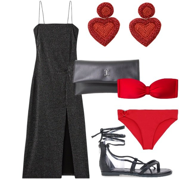 Outfit donna - Long dress per feste in spiaggia. Stile Glamour per Serata fuori. Abbinamento con bikini, vestiti lunghi, bikini, pochette, orecchini, sandali alla schiava.