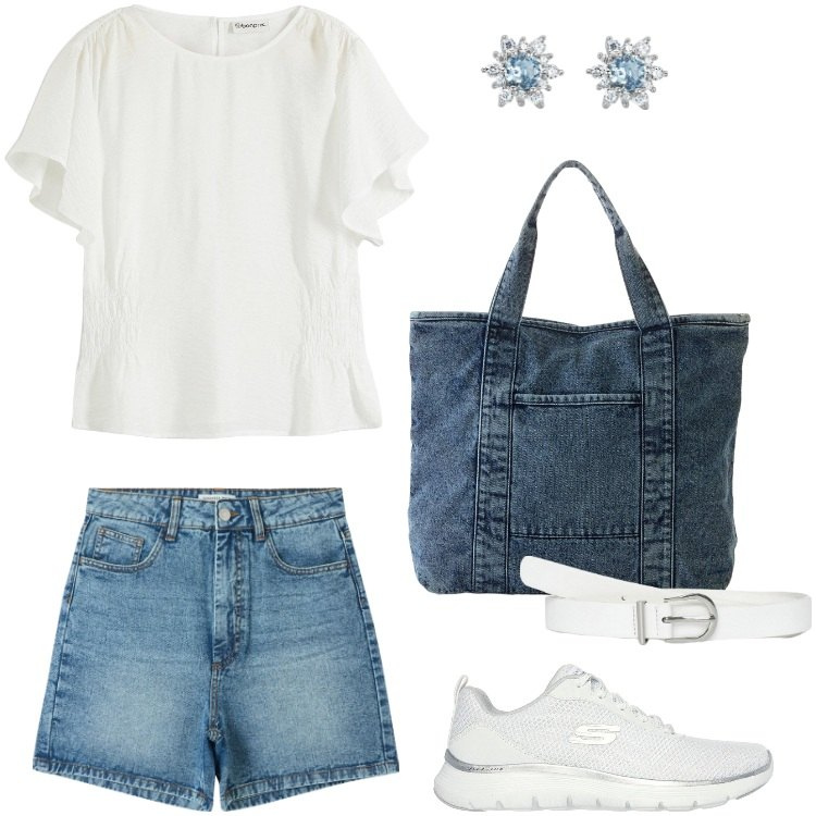 Outfit donna - Total look #2200072. Stile Basic per Mare. Abbinamento con bluse, shopping bag, bermuda, cinture, orecchini, sneakers.