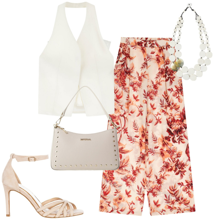 Outfit donna - Eleganza informale. Stile Urban per Tutti i giorni. Abbinamento con sandali col tacco, borse a spalla, gilet, pantaloni, top, ciondoli.