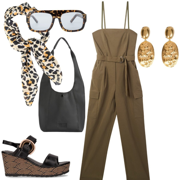 Outfit donna - Jungle style. Stile Urban per Tutti i giorni. Abbinamento con tute, foulard, occhiali da sole, borse a spalla, sandali col tacco, orecchini.