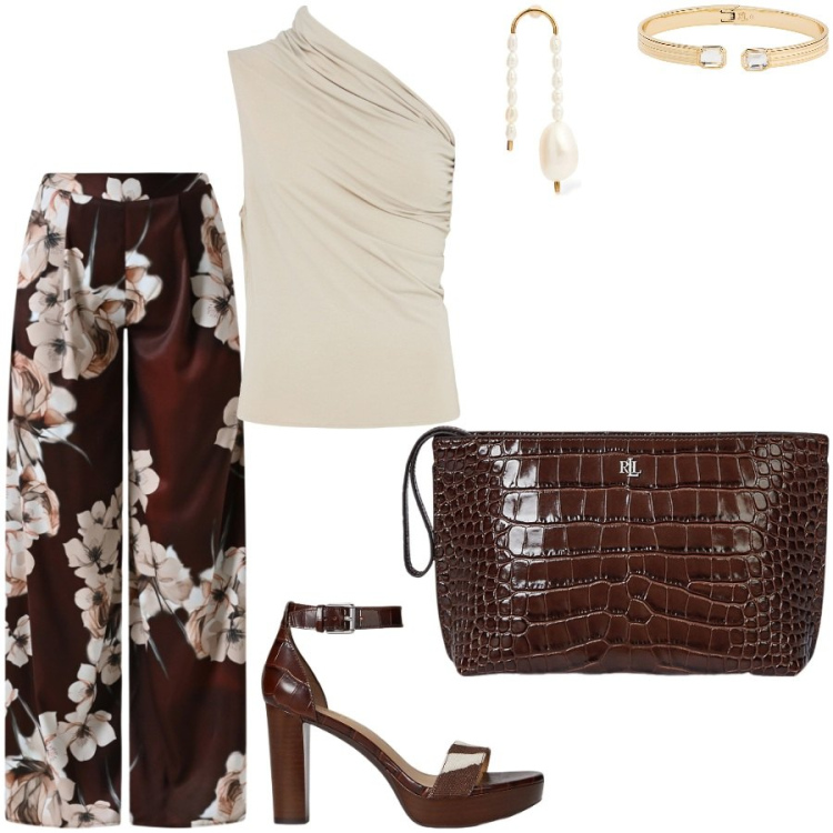 Outfit donna - Saggio di danza classica. Stile Chic per Serata fuori. Abbinamento con pantaloni a palazzo, braccialetti, sandali in pelle, pochette, orecchini, top.