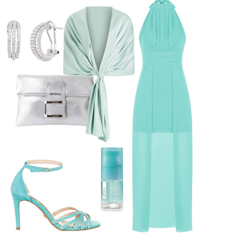 Outfit donna - Evento. Stile Glamour per Cerimonia. Abbinamento con primer, orecchini, vestiti lunghi, sandali col tacco, stole, pochette.