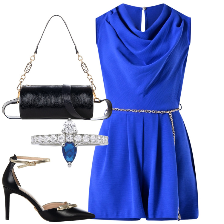 Outfit donna - Serata. Stile Chic per Serata fuori. Abbinamento con borse a mano, décolleté, tuta corta, anelli.