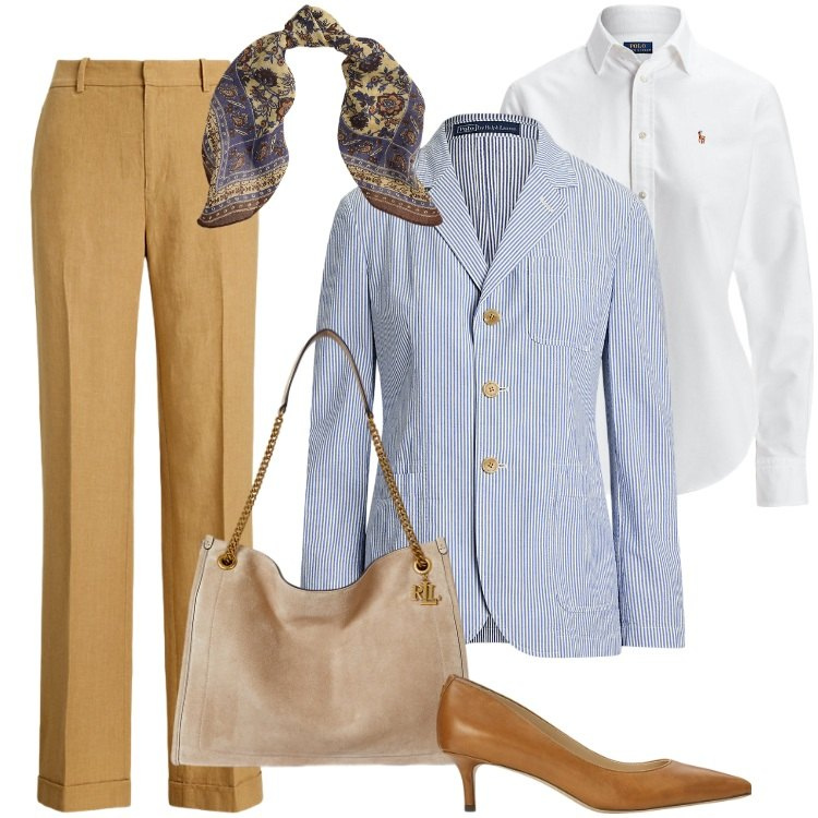 Outfit donna - Total look #2200084. Stile Casual chic per Ufficio. Abbinamento con camicie, décolleté, foulard, borse tote, pantaloni, blazer.