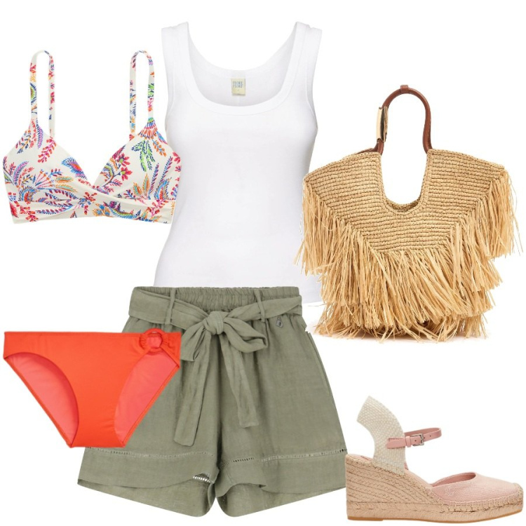 Outfit donna - Al villaggio turistico. Stile Casual per Mare. Abbinamento con shorts, bikini, espadrillas, bikini, borse tote, top.