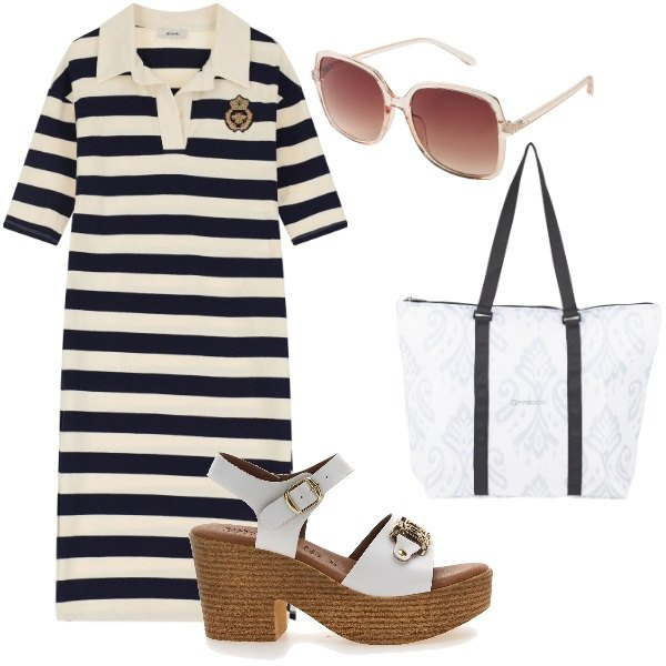 Outfit donna - Il vestito a righe. Stile Casual per Tutti i giorni. Abbinamento con occhiali da sole, shopping bag, vestiti, sandali col tacco.