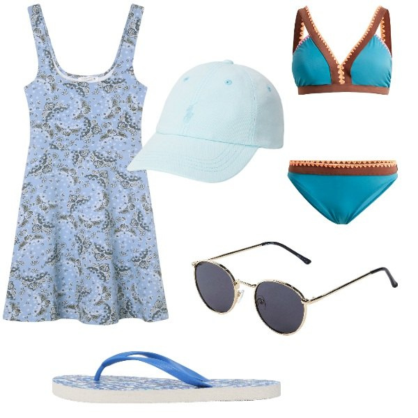 Outfit donna - Si va al mare..... Stile Basic per Mare. Abbinamento con bikini, occhiali da sole, vestiti corti, infradito, cappelli.