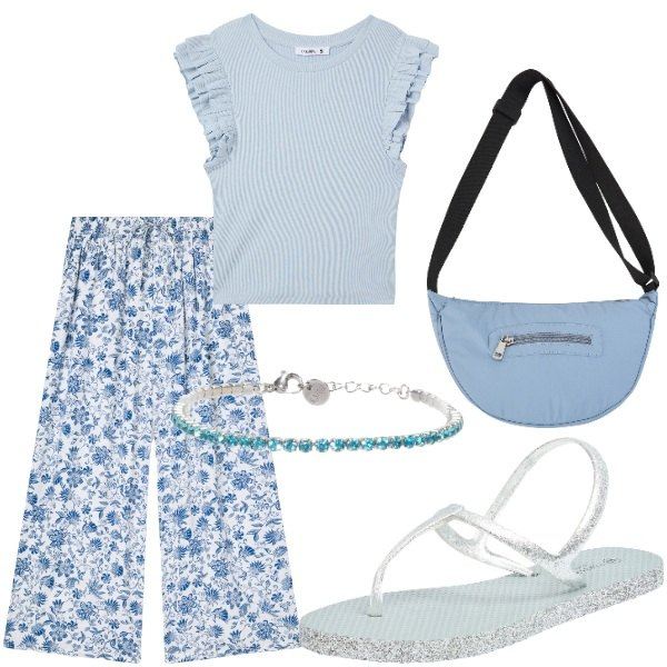 Outfit donna - Outifit di luglio. Stile Casual per Tutti i giorni. Abbinamento con pantaloni a palazzo, t-shirt, sandali, borse a tracolla, braccialetti.