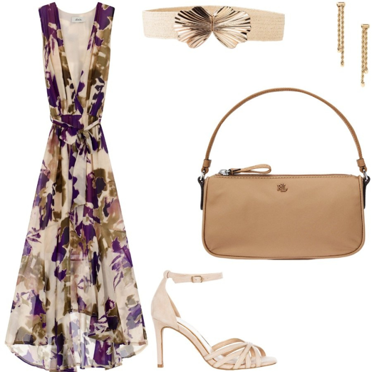 Outfit donna - Assimmetrico e romantico. Stile Romantica per Serata fuori. Abbinamento con cinture, sandali col tacco, vestiti senza maniche, orecchini, pochette.