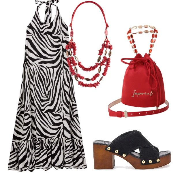 Outfit donna - Le serate di Luglio. Stile Casual chic per Serata fuori. Abbinamento con vestiti lunghi, borse a secchiello, zoccoli, collane.