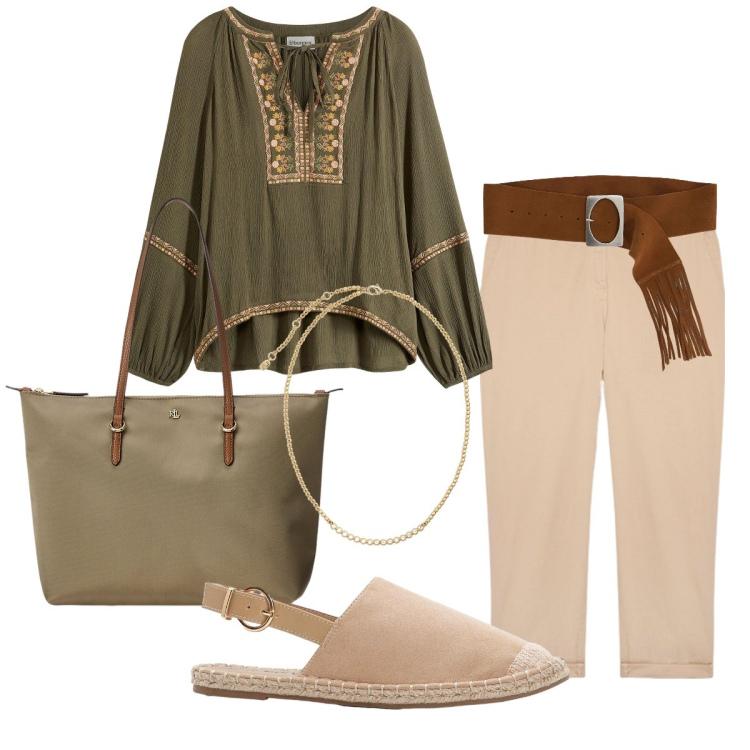 Outfit donna - La blusa ricamata. Stile Etnico per Tutti i giorni. Abbinamento con espadrillas, bluse, cinture, borse tote, collane, pantaloni.