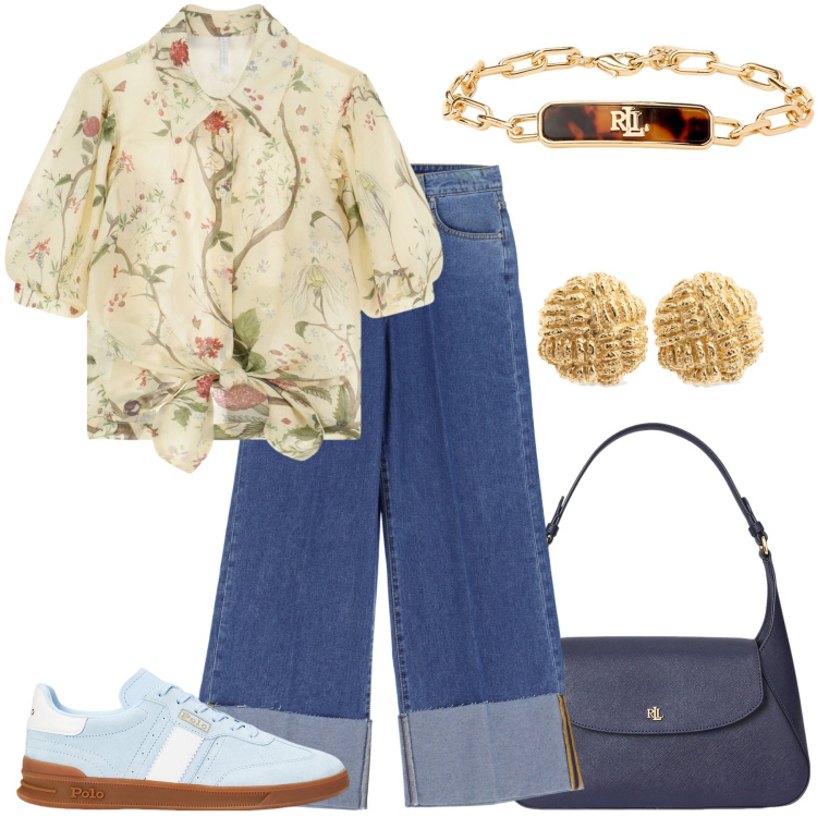 Outfit donna - Giornata all aperto. Stile Glamour per Tutti i giorni. Abbinamento con camicie a manica corta, jeans, sneakers, borse a spalla, braccialetti, orecchini.