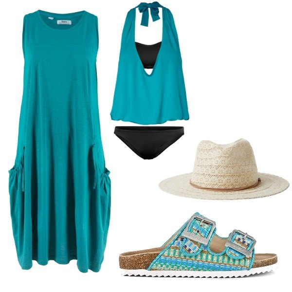 Outfit donna - Si va al mare. Stile Basic per Mare. Abbinamento con vestiti, costumi interi, cappelli, sandali.