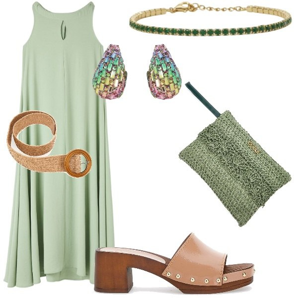 Outfit donna - A cena fuori. Stile Casual chic per Serata fuori. Abbinamento con vestiti senza maniche, braccialetti, orecchini, zoccoli, cinture, pochette.