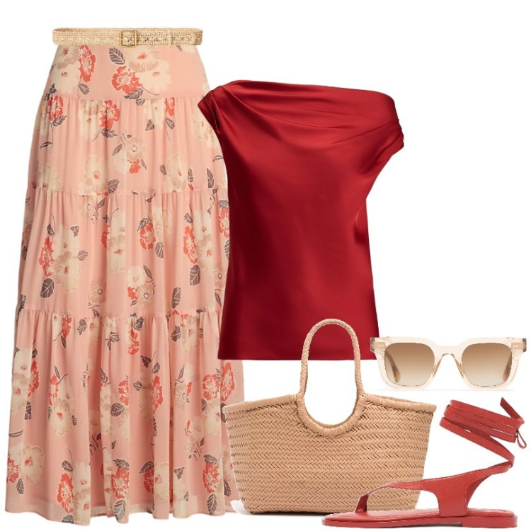 Outfit donna - Camicetta spalle scoperte. Stile Boho per Tutti i giorni. Abbinamento con top, cinture, gonne longuette, shopping bag, occhiali da sole, sandali in pelle.