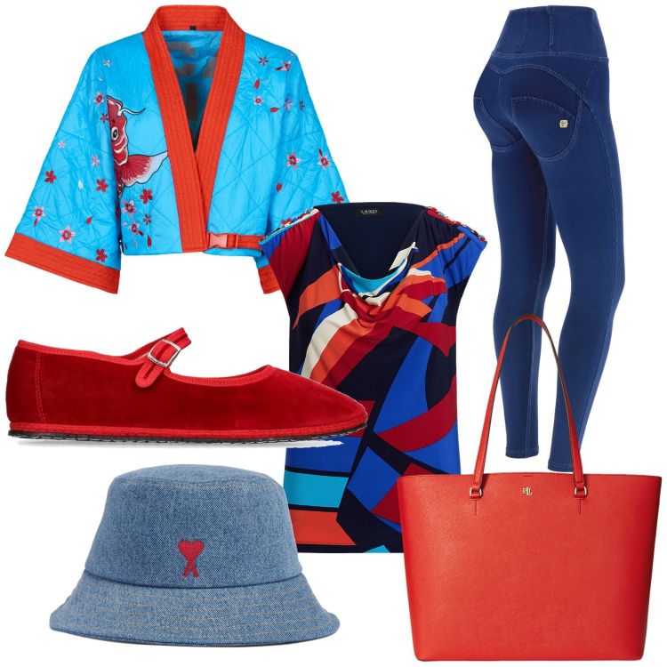 Outfit donna - Etnico colorato. Stile Etnico per Tutti i giorni. Abbinamento con jeggings, borse tote, top, kimono, ballerine, cappelli.