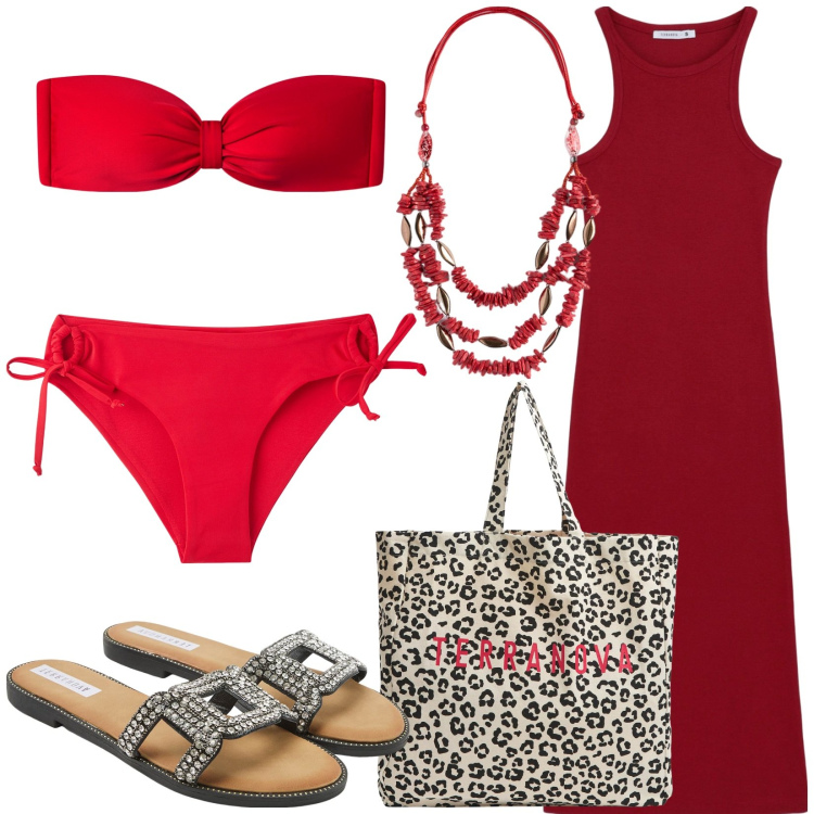 Outfit donna - Red. Stile Sexy per Mare. Abbinamento con ciabatte, vestiti lunghi, bikini, shopping bag, bikini, collane.