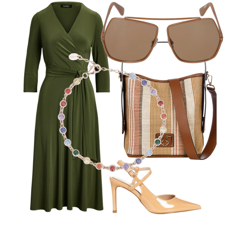 Outfit donna - Chic in ufficio. Stile Chic per Ufficio. Abbinamento con braccialetti, borse a secchiello, décolleté, vestiti, occhiali da sole.