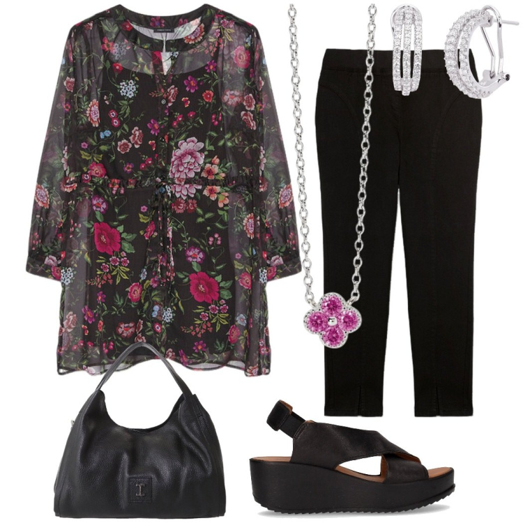Outfit donna - La blusa romantica sui leggins. Stile Romantica per Serata fuori. Abbinamento con orecchini, collane, pochette, camicie, jeggings, sandali.