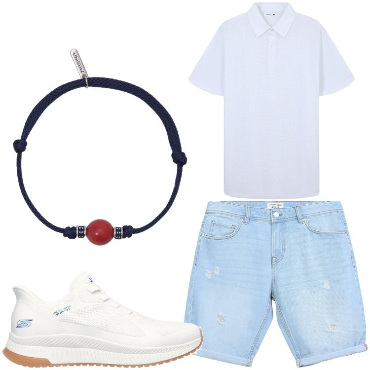 Outfit uomo - Bianco beach. Stile Casual per Serata speciale. Abbinamento con shorts, polo, braccialetti, sneakers.