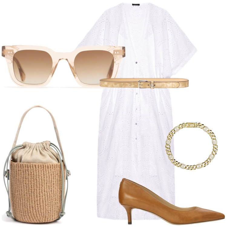 Outfit donna - Bon ton all the day long. Stile Bon Ton per Ufficio. Abbinamento con braccialetti, décolleté, cinture, caftani, borse a secchiello, occhiali da sole.