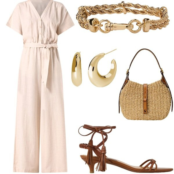 Outfit donna - A cena fuori. Stile Casual chic per Serata fuori. Abbinamento con orecchini, tute, braccialetti, borse a spalla, sandali col tacco.